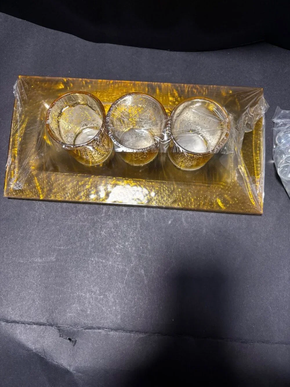 3 Piece Gold Color Glass Tealight Candle Holder Set On Rectangular Tray Stones